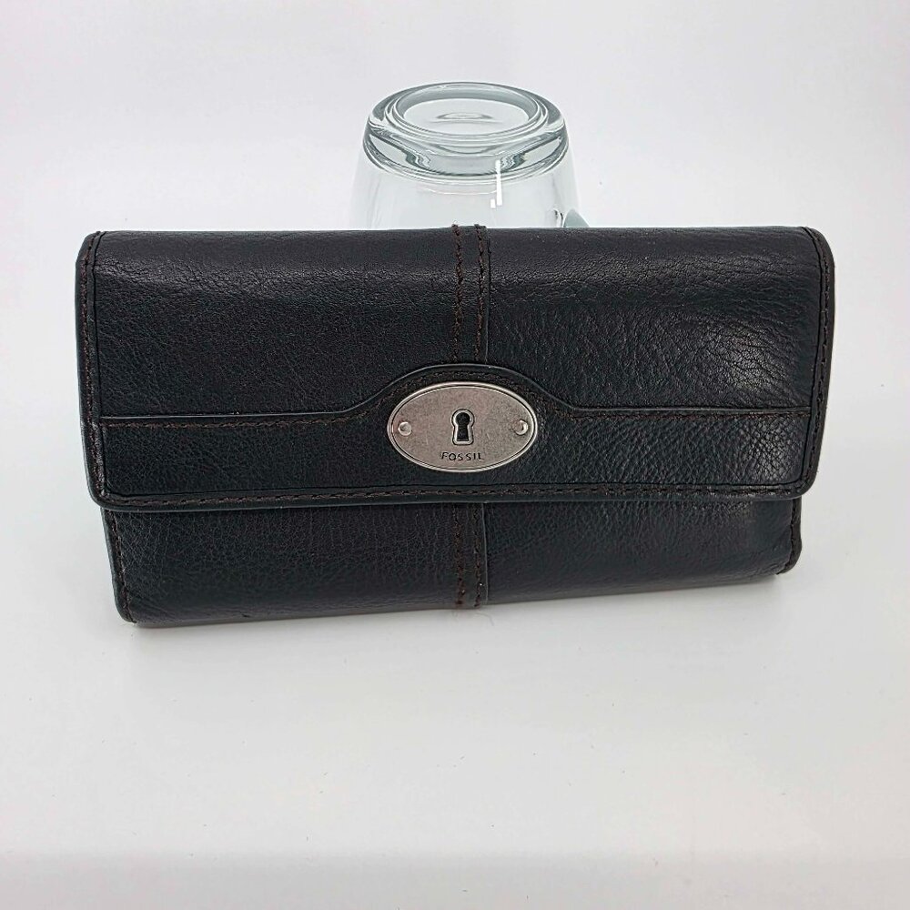 Fossil Maddox Black Pebbled Leather Trifold Wallet Keyhole Lock Hardware Vintage - Picture 5 of 8